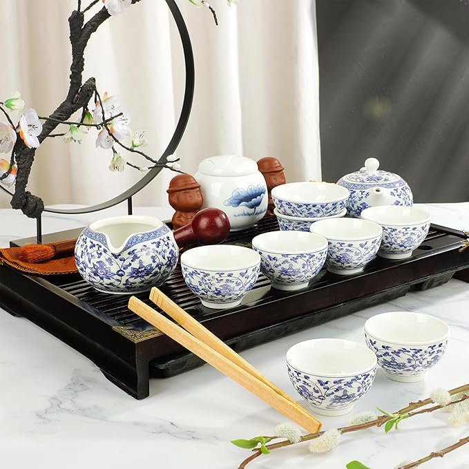 fanquare Kung Fu Tea Sets Lotus Pattern Blue and White Porcelain Tea Set with Teapot, Teacups, Fair Cup, Tea Tray, for Home Office, Traditional Chinese Tea Ceremony Set and Accessories