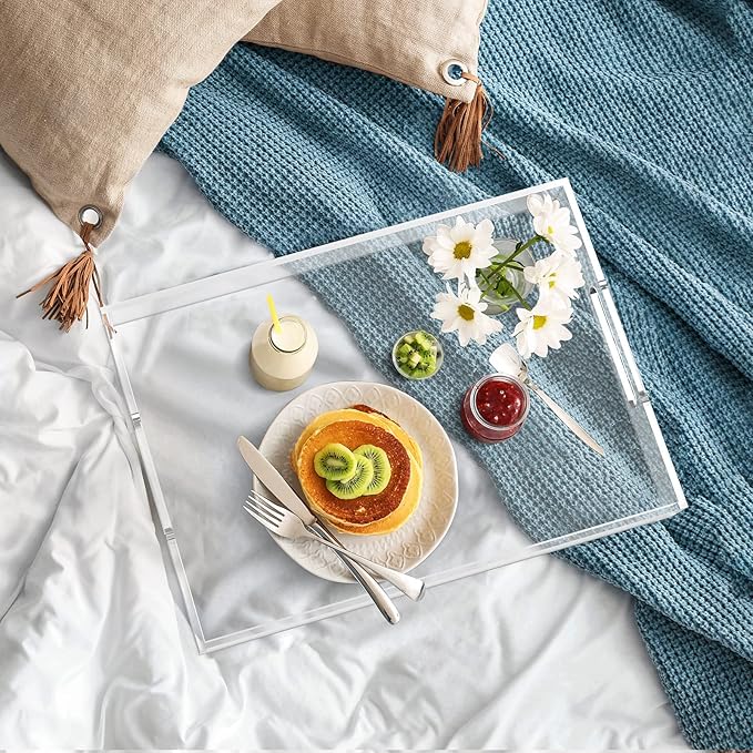 Acrylic Serving Trays with Handles, 16"x 12" Rectangle Sturdy Breakfast Tray, Clear Decorative Trays Organiser for Bedroom, Kitchen, Living Room, Bathroom, Hospital and Outdoors - Bloomnest