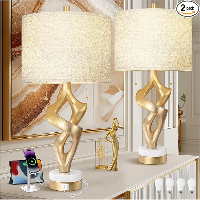 Scenekoy Sculptural Table Lamp Set of 2 with USB Ports for Bedroom Living Room, 26” Gold Leaf Marble Base Bedside Lamps, Pull Chains Switch Modern Nightstand Lamp for Home Room Decor (Bulbs Included) - Bloomnest