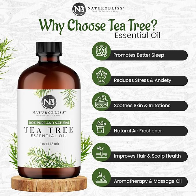 NaturoBliss Essential Oil with Glass Dropper - 100% Pure and Natural - Essential Oils for Diffuser, Aromatherapy, Soap and Candle Making, Tea Tree Essential Oil, Tea Tree Oil, 4 Fl Oz - Bloomnest