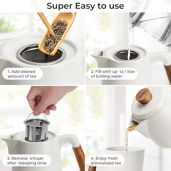 MIAMIO - Teapot Set with Warmer / 34 oz Tea Kettle with Infuser for Steeping Loose Tea Leaves - Gift for Women/Tea Lovers (White) - Bloomnest