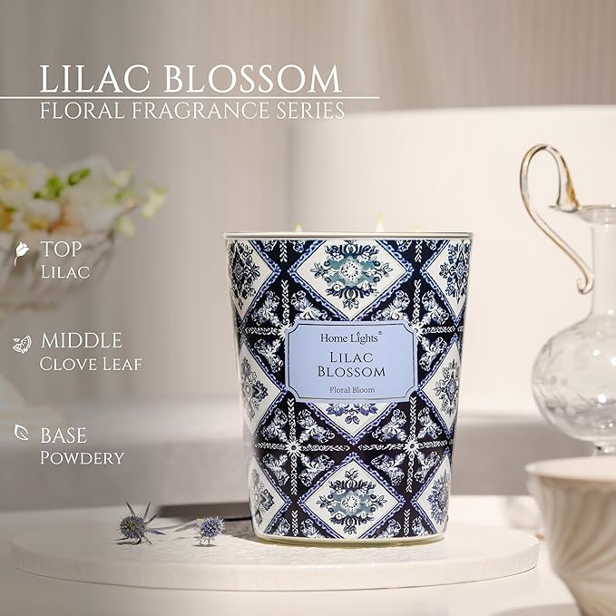 HomeLights Lilac Blossom Scented Candles | 34oz Soy Candles Bohemian Natural Textures 3-Wick Large Candle Jars | Ideal Candle Gifts for Events, Home Decor Stress, Relief & Relaxation - Bloomnest