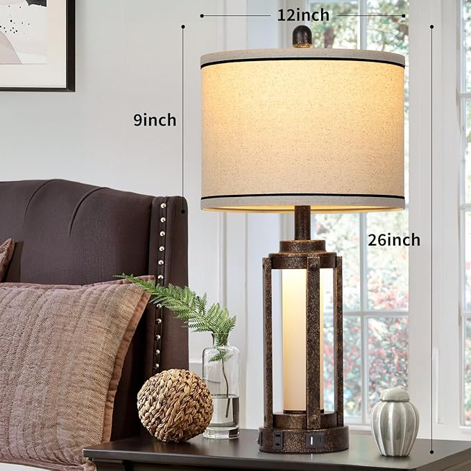 Farmhouse Industrial Lamp with USB A+C Charging Ports & AC Outlet, 26" Vintage Rustic Retro Table Lamp with Glass LED Night Light & Linen Fabric Shade for Living Room Bedrooms Single(2 Bulbs Included) - Bloomnest