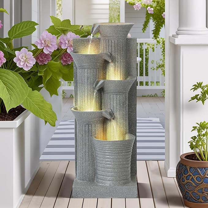 MAGIC UNION Outdoor Water Fountain, 5 Tiers Cascading Waterfall Indoor Water Feature Garden Decor with LED Lights, Patio Resin Fountains for Yard, Deck, Porch and Home, Bamboo Element (Light Gray) - Bloomnest