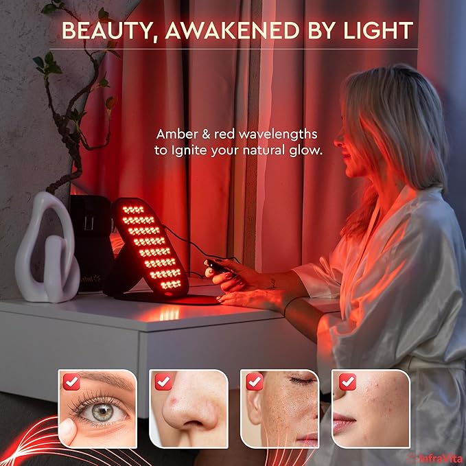 Near Infrared & Red Light Therapy Panel – 220 LEDs | 5 Light Wavelengths | 7 Wellness Modes | Foldable Design, Wireless Remote | red Light Therapy for face, Skin & Body Comfort Bloomnest