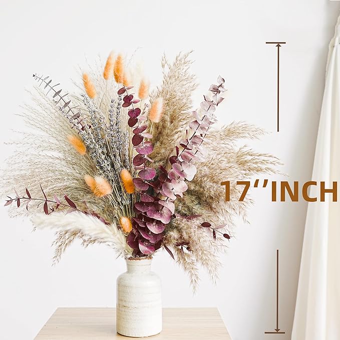 Fall Dried Flower Bouquet with Pampas Grass, Orange Bunny Tails, Lavender & Red Eucalyptus –Boho Fall Decor for Home, Vase, Porch & thanksgiving –Autumn Floral Arrangements for Fall Decorations Indoor - Bloomnest