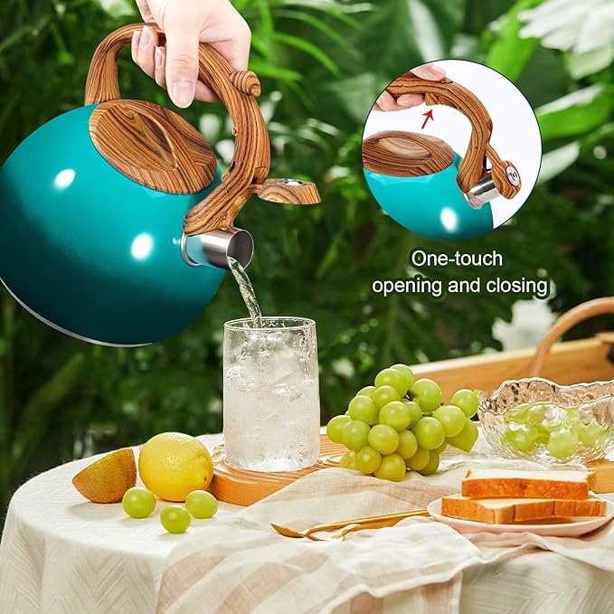 GGC Tea Kettle for Stove Top, 3.1QT/3L Whistling Tea Kettles for Boiling Water Coffee or Milk, Gradient Green Tea Pot with Wood Parttern Handle, Stainless Steel Tea Pot for Home and Kitchen - Bloomnest