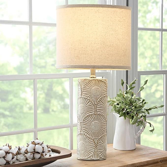 25.25" Tall White Lamps Set of 2 with Floral Design, Farmhouse White Ceramic Lamps Set of 2 for Bedroom, Living Room, Beige Table Lamps for Nightstands, Console Table - Bloomnest