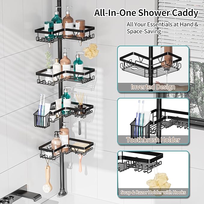 KEGII Shower Caddy Corner Tension Pole with Toothbrush Holder - Adjustable Corner Shower Organizer with Tooth Brush Holder, No Drilling Rustproof Bathroom Shelf Storage Rack, Fits 25-114.2 Inch - Bloomnest