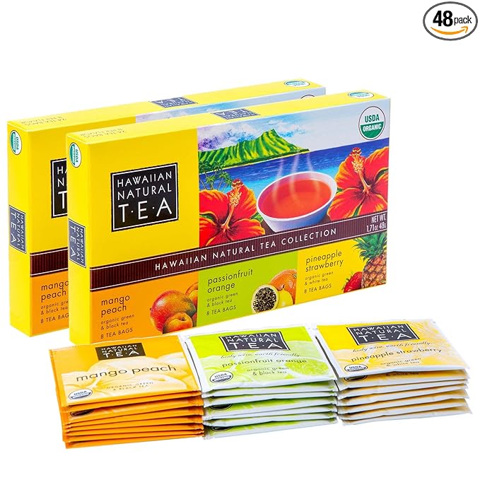 Hawaiian Natural Organic Tropical Fruit Tea Sampler - Green, Black, White Tropical Fruit Tea Blends, Gift Box Set For Special Occasions - 48 Bags - Bloomnest