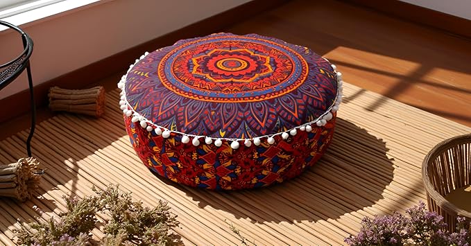 INDIAN CRAFT CASTLE ICC Floor Pillows & Cushion Covers Decorative Hippie Mandala Pouf Pillow Covers Seating Meditation Cushion Cover Large Boho Ottoman Case Pillowcase Couch New Orange, 18" Round - Bloomnest
