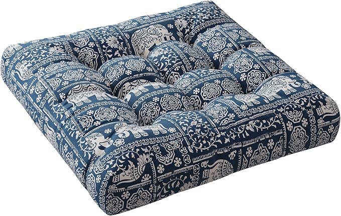 Meditation Floor Pillow, Square Pillows Seating for Adults and Kids, Boho Cushion for Yoga Living Room Tatami Sitting, Memory Foam Added, 22x22 Inch, Indigo Elephant - Bloomnest