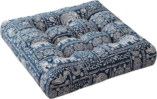 Meditation Floor Pillow, Square Pillows Seating for Adults and Kids, Boho Cushion for Yoga Living Room Tatami Sitting, Memory Foam Added, 22x22 Inch, Indigo Elephant - Bloomnest