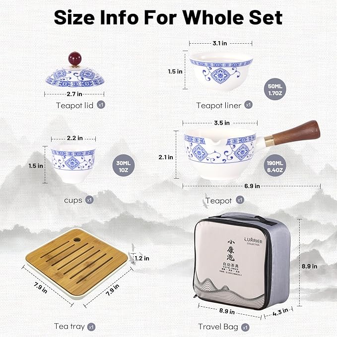 LURRIER Porcelain Chinese Gongfu Tea Set,Portable Teapot Set with 360 Rotation Tea maker and Infuser,Portable All in One Gift Bag for Travel,Home,Gifting,Outdoor and Office (Floral White) - Bloomnest