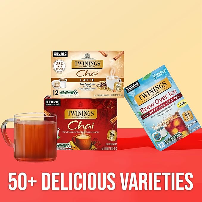 Twinings Chai Black Tea 72 K-Cup Pods for Keurig, 12 Count (Pack of 6), Naturally Sweet, Savoury Spice Flavour, Caffeinated, Enjoy Hot or Iced - Bloomnest