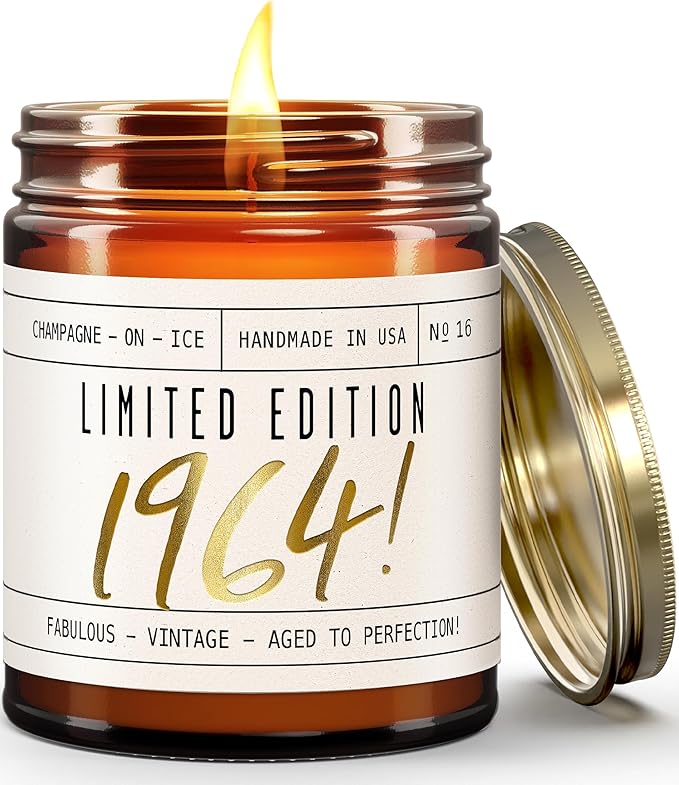 61st Birthday Gifts for Women - 'Limited Edition 1964' Soy Candle, w/Champagne on Ice I 61 Birthday Gifts for Women I 61st Gift for Her Ideas I 9oz Reusable Jar, 50Hr Burn, Made in USA - Bloomnest