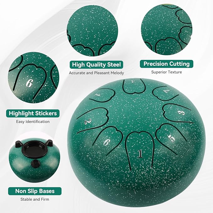 Rain Drum for Outside 6 inch 8 Notes, Steel Tongue Drume with Mallets for Musical Education Entertainment Gifts (Green, 6 Inch)