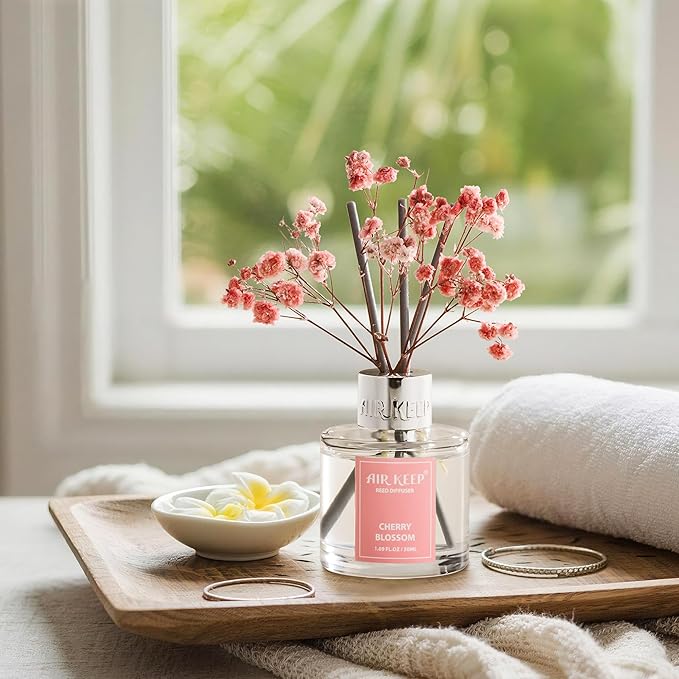 Airkeep Reed Diffuser Set,1.69 fl oz (50 ml) - Cherry Blossom Oil Diffusers with 8 Reed Sticks,Home Fragrance Reed Diffuser for Bathroom Shelf Decor - Bloomnest