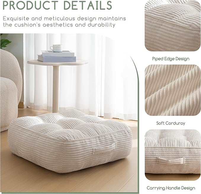 8" Washable Floor Pillow Cushion for Adults, Meditation Cushion Pillow, Large Square Floor Sitting, Removable Tufted Corduroy Cover, for Tatami Living Room or Yoga, 22x22 Inch, 2Pack, Machine Washable - Bloomnest