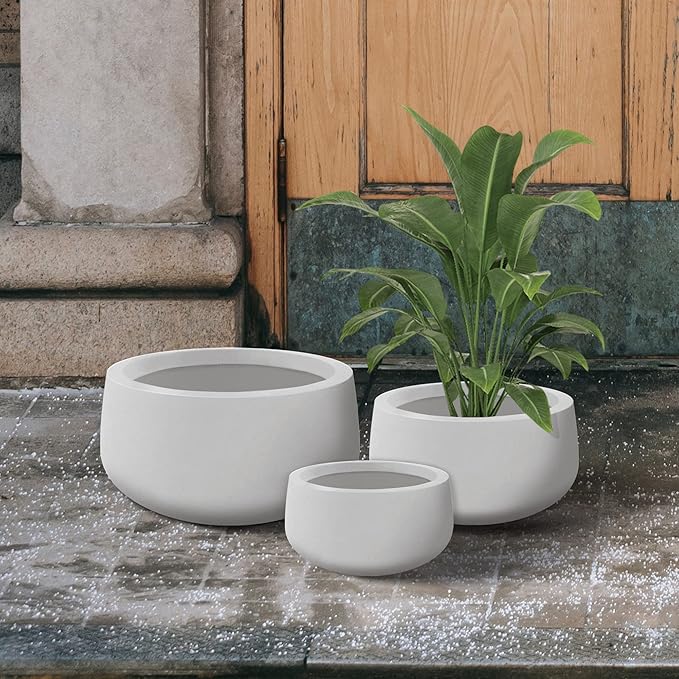 Kante 19.6",15.7",11.8" Dia Round Concrete Planters Set of 3, Outdoor Indoor Garden Plant Pots with Drainage Hole and Rubber Plug, Modern Curvaceous Design, Pure White - Bloomnest