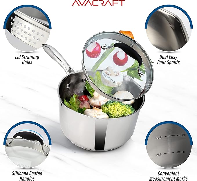 AVACRAFT Multipurpose Sauce Pan/Pot, Stainless Steel with Glass Strainer Lid, Two Side Spouts for Easy Pour with Ergonomic Handle (5-Ply Capsule Bottom, 1.5 Quart) - Bloomnest