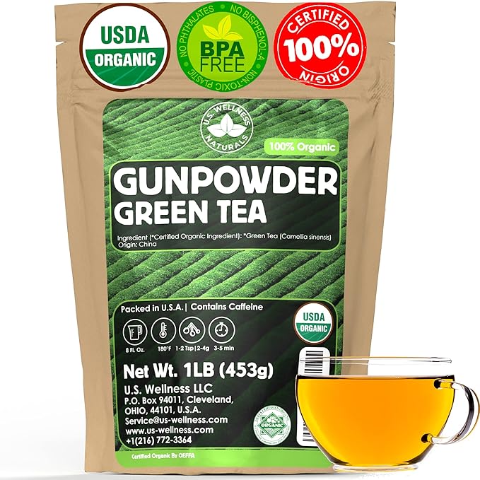 U.S. Wellness Naturals Organic Gunpowder Green Tea | Loose Leaf | Premium Quality | 100% Certified Organic Green Tea |16oz/453g | 200+ Cups - Bloomnest
