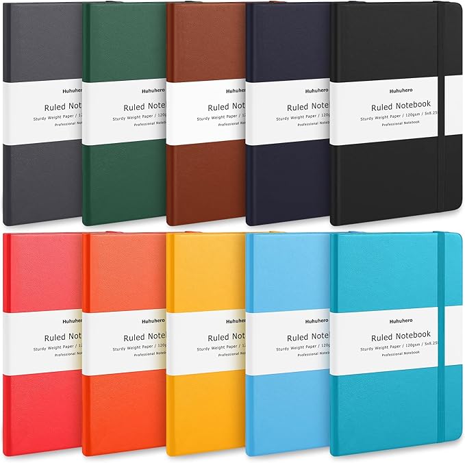 Huhuhero 10 Colors Lined Journal Notebook, A5 Hardcover Notebooks for Work, 120GSM Thick Paper, 128 Pages College Ruled Notebook for Writing Business Journaling, 5"×8.25" - Bloomnest