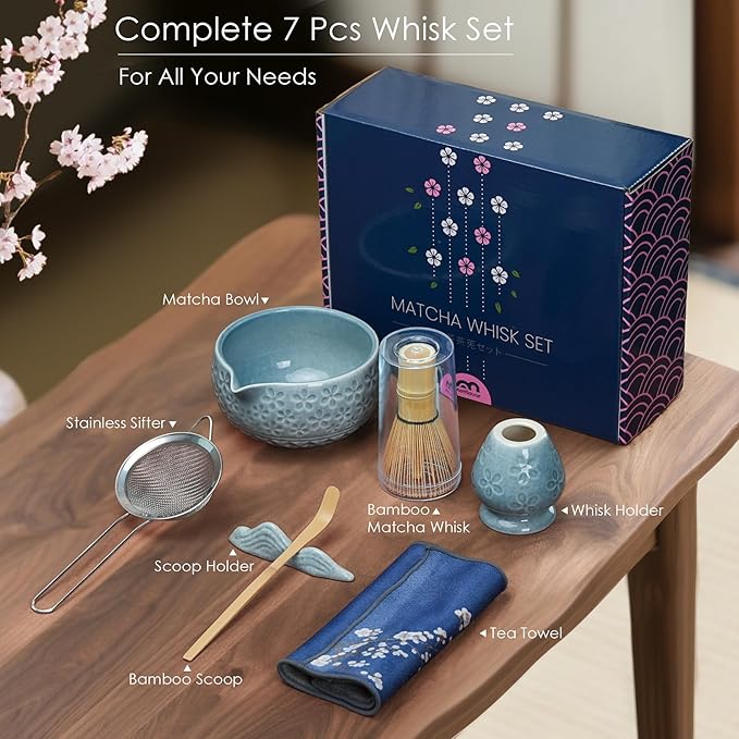 7Pcs Matcha Whisk Set, Ceramic Matcha Bowl with Spout, Bamboo Whisk and Holder,Bamboo Scoop,Scoop Rest,Sifter,Tea Towel, Matcha Kit with Cherry Blossom Carved Patterns for Matcha Lovers (Sakura Blue) - Bloomnest