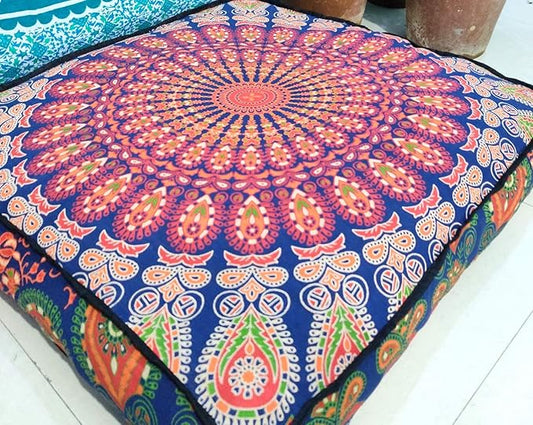 ICC 24" Orange Peacock Mandala Barmeri Large Floor Pillow Cover Cushion Meditation Seating Ottoman Throw Cover Hippie Decorative Zipped Bohemian Pouf Ottoman Pom Pom Cases 24" Square - Bloomnest