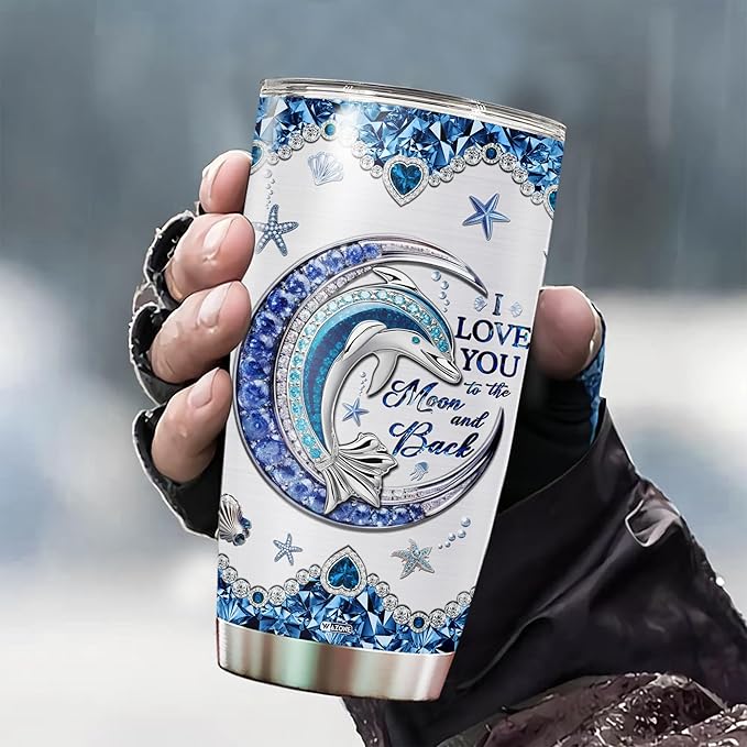 WAZONE Personalized Dolphin Tumbler With Lid Customized Name Jewelry Style Blue Moon Stainless Steel 20oz 30oz Insulated Tea Cup Gift Christmas Birthday for Daughter Women Sister Best Friend - Bloomnest