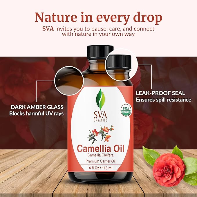 SVA Camellia Seed Oil Organic - 4 Fl Oz – 100% Natural Cold Pressed Organic Camellia Oil - for Face, Skin Care, Hair Care, Scalp Massage & Body Massage – Carrier Oil with Dropper - Bloomnest