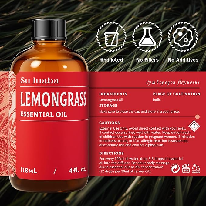 SU JUABA Lemongrass Essential Oil 4 Oz, 100% Pure Natural Aromatherapy Oil for Diffuser, Skin Care, Candle - 118ML Bloomnest