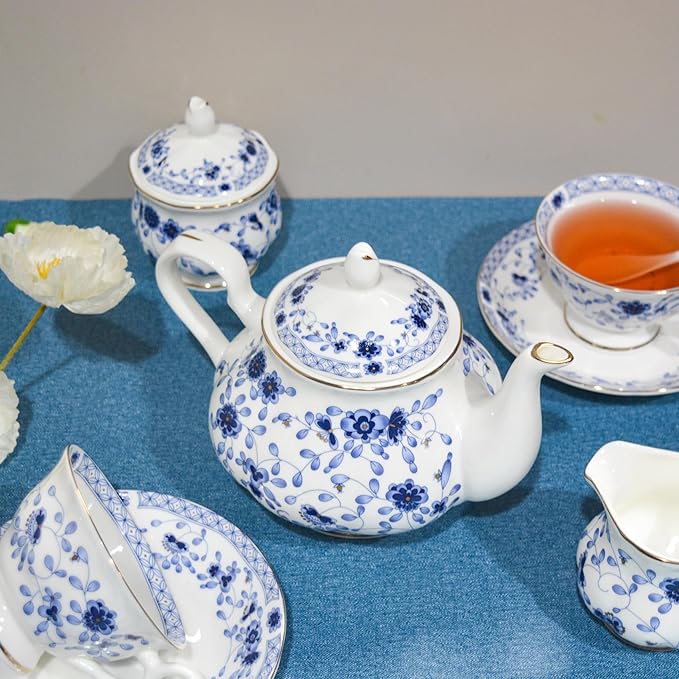 Bone China Tea Set, 21-Pieces Porcelain Tea Set for Adults, Tea Cups And Saucers for 6, with Teapot, Spoons, Sugar Bowl, Creamer Pitcher, Vintage Tea Set for Women Tea Party (Blue) - Bloomnest