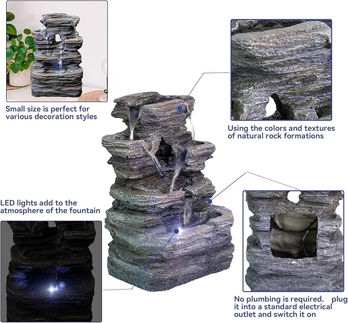 Ferrisland 5-Tier Cascading Tabletop Fountain with LED Lights - Indoor Water Fountain Decor Tabletop Small Relaxation Waterfall Feature Dark Gray - Bloomnest