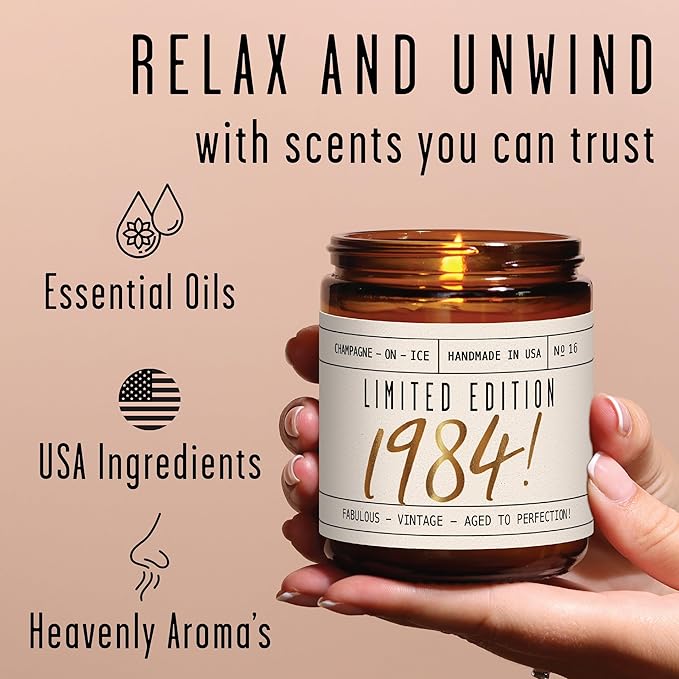 41st Birthday Gifts for Women - 'Limited Edition 1984' Soy Candle, w/Champagne on Ice I 41 Birthday Gifts for Women I 41st Gift for Her Ideas I 9oz Reusable Jar, 50Hr Burn, Made in USA - Bloomnest