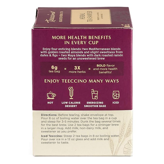Teeccino Herbal Tea Sampler Assortment - 12 Tea Bags - Maca Chocolaté, French Roast, Hazelnut, Vanilla Nut - Roasted Caffeine Free Herbal Tea, Prebiotic for Natural Energy - Bloomnest