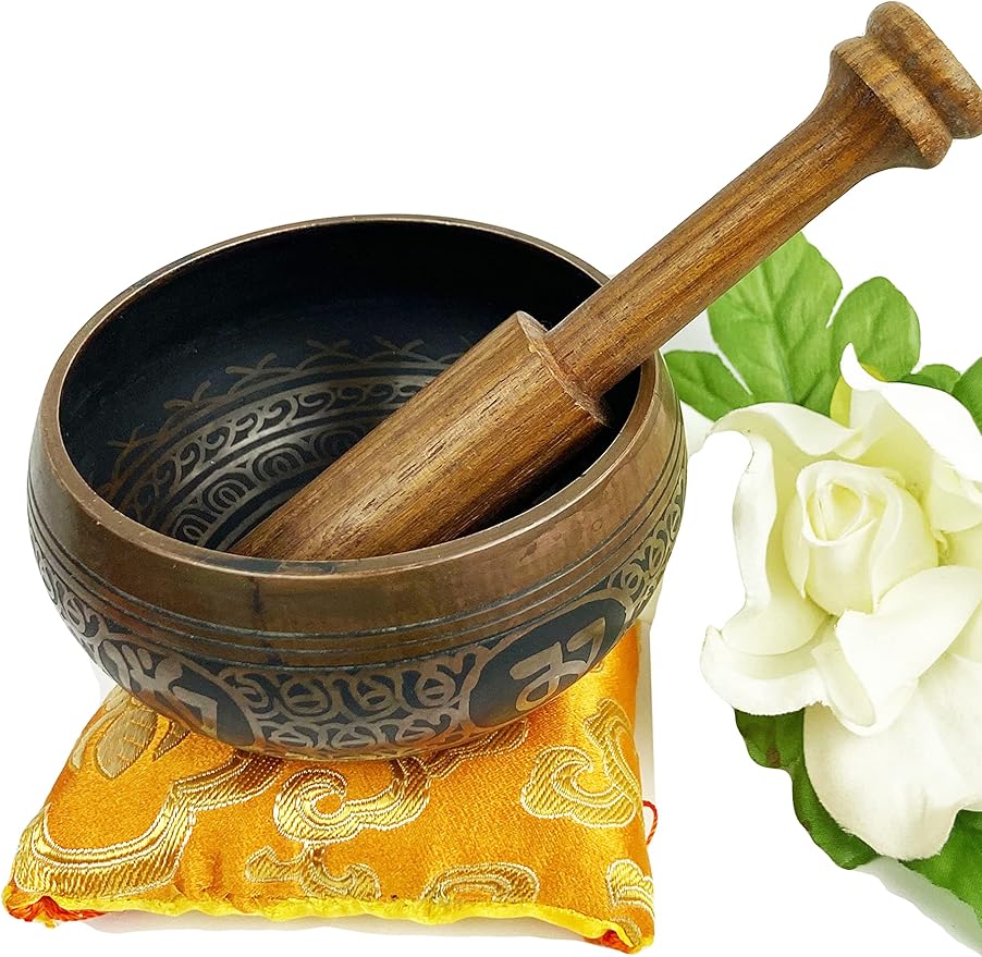 3388 SB Tibetan Auspicious Symbol Singing Bowl Set ~ Mallet Cushion Meditation Chakra Healing Prayer Yoga Mindfulness (SB-3388-G) - Bloomnest
