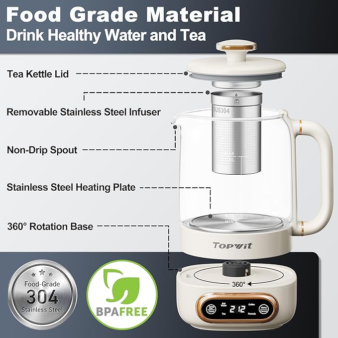 Topwit Electric Tea Kettle, 11 Temperature Control & 4 Presets Glass Kettle with Removable Infuser, 0.8L Electric Kettle for Coffee, Formula, Tea Maker with 8H Keep Warm, Boil-dry Protect, Beige - Bloomnest