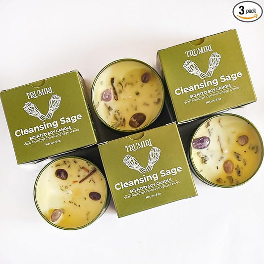 Sage Candle for Cleansing House Negative Energy - Pack of 3 x 5oz Soy Wax Natural Clean Organic Non Toxic - Aromatherapy Spiritual Meditation Gifts - Long Lasting Highly Scented Candel with Crystals TRUMIRI