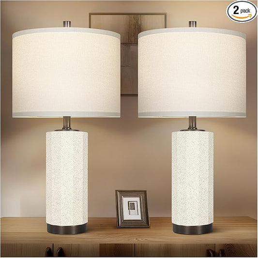 Scenekoy 23” Table Lamp Set of 2 for Bedroom Living Room, Rotary Switch Ceramic Bedside Lamp with White Linen Shade, Dimmable Nightstand Lamps for Room Office Hotel Dorm (Bulb Included) - Bloomnest