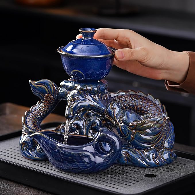Semi Automatic Tea Set Ceramic Teapot with Infuser Magic Teapot with 8 cups (Dark Blue Dragon-D) - Bloomnest