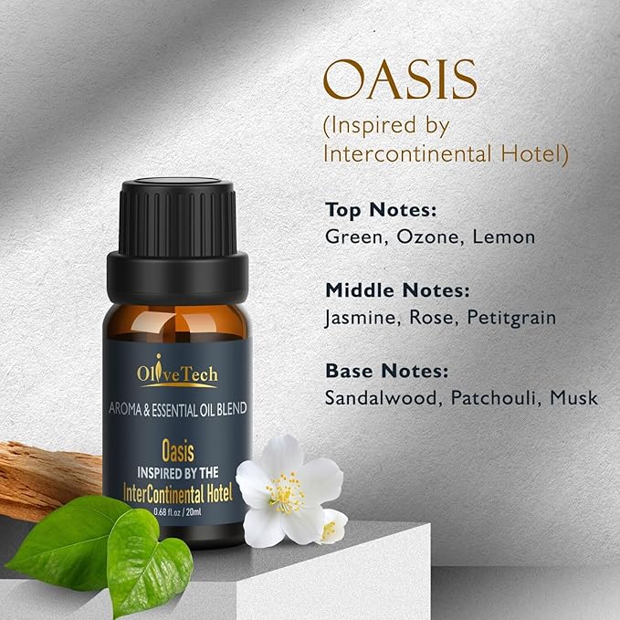 Hotel Diffuser Oil 20ml – Inspired by Intercontinental Hotel Oasis Scent, OliveTech Aromatherapy Fragrance Oil for Cold Air & Ultrasonic Diffusers, Glass Bottle (0.68 fl oz) OliveTech