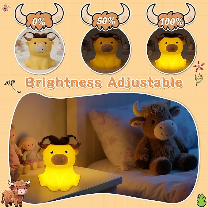 Highland Cow Night Light, Fluffy Cow Squisy Lamp for Kids, Soft Silicone Animal Nightlamp with 2 Levels Dimmable & 20 Mins Timer, Rechargeable LED Light Gifts for Baby Boys Girls - Bloomnest
