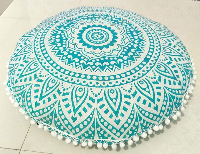 INDIAN CRAFT CASTLE 24" Green Ombre Mandala Barmeri Large Floor Pillow Cover Cushion Meditation Seating Ottoman Throw Cover Hippie Decorative Zipped Bohemian Pouf Ottoman Pom Pom Cases 24" Round - Bloomnest