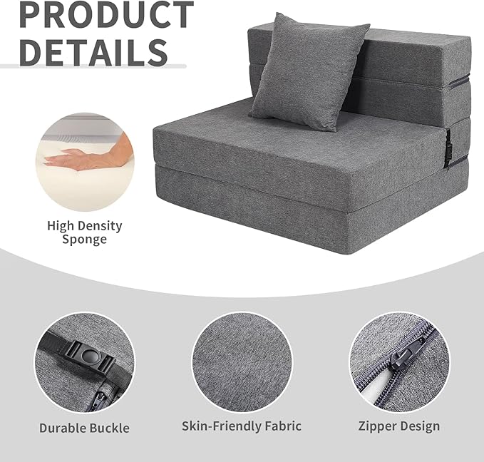 Futon Sofa Bed, High-Density Memory Foam Couch with Fluffy Pillow, Folding Floor Guest Bed, Twin Size, Dark Grey - Bloomnest