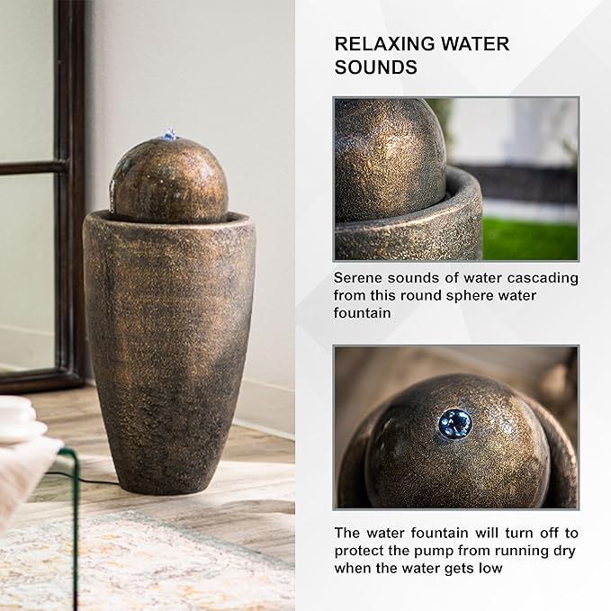 XBrand 25.98" H Round Stone Indoor/Outdoor Modern Stone Textured Sphere Water Fountain w/LED Lights, Bronze - Bloomnest