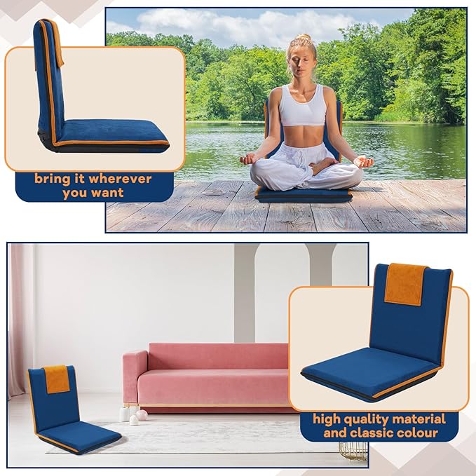 2 Pcs Floor Chair with Back Support Padded Floor Seating Portable Floor Seat Meditation Cushion Adjustable Fully Folding Backrest for Adult Kid Gaming Linen Washable Cover, Nylon Bottom (Blue, Khaki) - Bloomnest