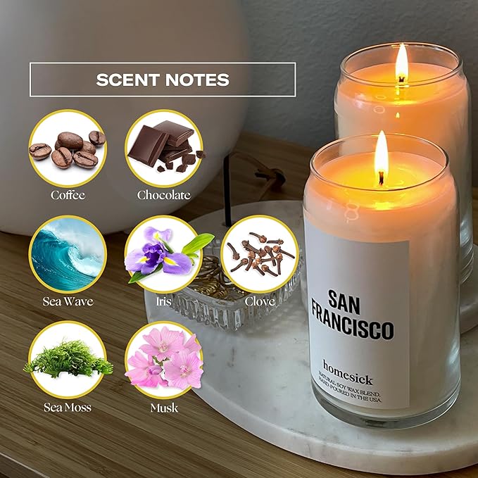 Homesick Scented Candles for Home (San Francisco) - 13.75 oz Long-Lasting Soy Wax Jar Candle for Women & Men for All Occasions, 60-80 Hours Burn Time - Notes of Coffee & Chocolate - Bloomnest