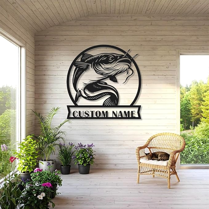 Personalized Catfish Metal Sign – Custom Name Fishing Wall Art – Iron Decoration for Cabins, Lake Houses, Man Caves, and Outdoor Spaces (Catfish-1) - Bloomnest