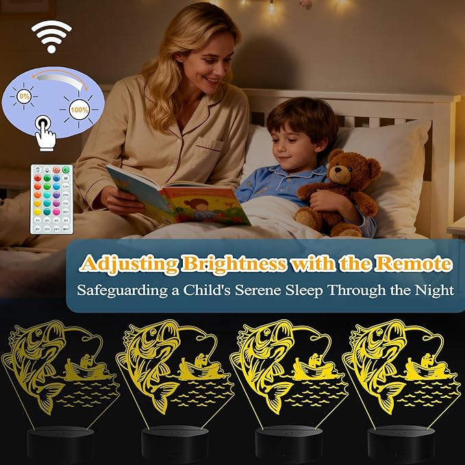 Fishing Night Light, Fishing Gifts, 3D Illusion Lamp with Remote Control, 16 RGB Colors, 4 Flashing Modes, Timer, Dimmable, Men Boy Room Decoration for Father's Day Holiday Birthday Christmas - Bloomnest